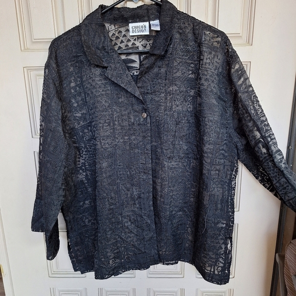 Chico's Design Black Lace Sheer Button Front Shirt Sz3 3/4Sleeves Collar V Neck - Picture 5 of 8